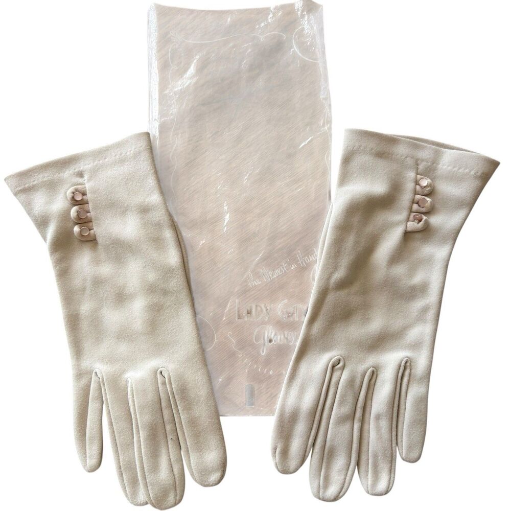 Vintage 1950s Lady Gay Gloves Size 8 Nylon With ORIGINAL BAG! Tan Beige Buttons